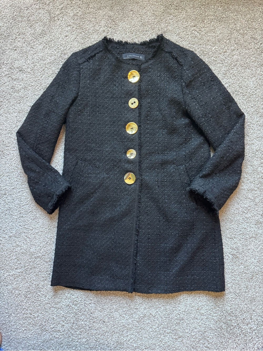 Zara Black Tweed Longline Jacket with Gold Buttons